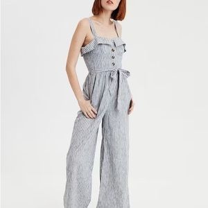American Eagle Women Grey Tie Waist Striped Jumpsuit